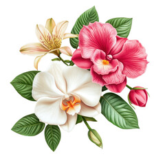 Naklejka premium Beautiful floral arrangement featuring orchids and lilies presented in vibrant colors with detailed foliage