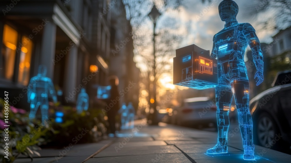 Aufkleber holographic avatars interact in a bustling urban environment, delivering packages as the sun sets, e