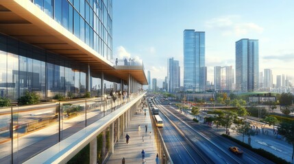 Fototapeta premium Modern Cityscape: Panoramic View of Urban Architecture and Transportation