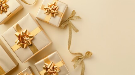 Gold gifts, ribbon, beige background, celebration, holiday