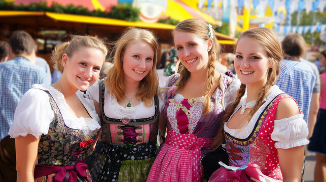Group of young blonde women posing for a souvenir photo at Oktoberfest. The four happy girls are wearing traditional bavarian dirndl dresses.