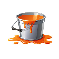 Bucket with orange paint, paint running out, isolated on transparent background, cut out Vector graphic design