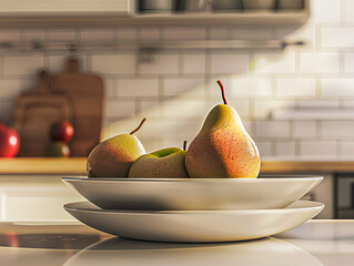 Modern kitchen counter decorated with bowls and fresh pears in natural light