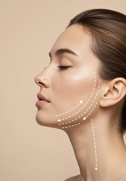 Side view of woman face with white lifting lines on beige background, facial contouring and aesthetic medicine concept with copy space