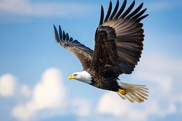 Obraz premium Bald eagle gracefully soars through the clear blue sky over scenic landscape during bright daytime