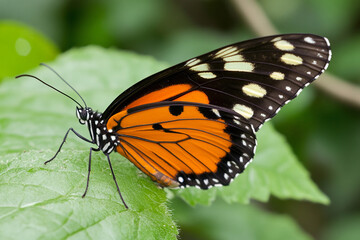 Fototapeta premium Vibrant butterfly resting on green leaf in a lush garden setting during daylight hours