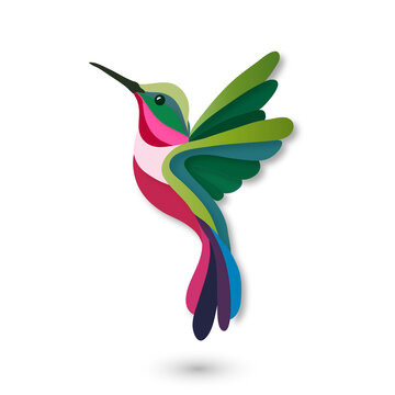 Stilisierter Kolibri in kr&auml;ftigen Farben und modernem Cut-out-Stil. Farbintensive Darstellung eines schwebenden Vogels mit klaren Formen und dekorativem Design.