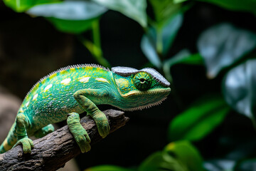 Fototapeta premium Chameleon displaying vibrant color changes while perched on a branch in a rich green environment