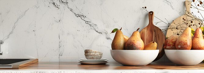 Fruit bowls with ripe pears on neat kitchen counter with stylish decor