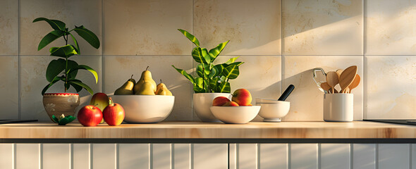 Minimalist kitchen with arranged pears and decorative bowls for fresh interior design