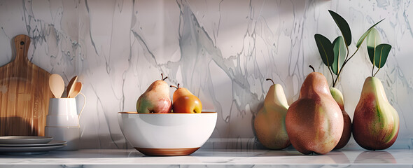 Fresh pears in elegant bowls on clean kitchen counter for modern home design