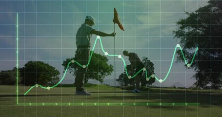 two men lining up putt holding flagstick on golf green, showing sports analytics grid with charts - Powered by Adobe