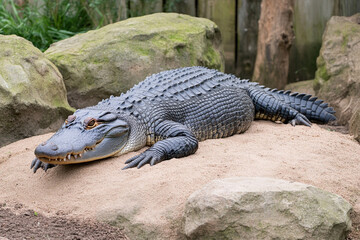 Obraz premium Crocodile basking in sunlight on sand near rocky terrain in a natural habitat setting