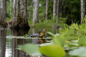 Fototapeta premium Crocodile basking in sunlight amidst lush wetland scenery in the early afternoon
