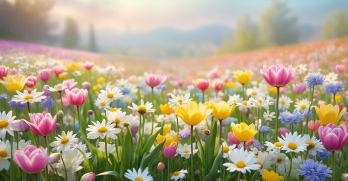 Tulipanes y narcisos coloridos florecen en el jard&iacute;n primaveral bajo la hermosa luz del sol. Fondo de flores primaverales, papel tapiz floral, dise&ntilde;o de banner para foto de stock.