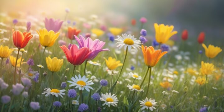Tulipanes y narcisos coloridos florecen en el jard&iacute;n primaveral bajo la hermosa luz del sol. Fondo de flores primaverales, papel tapiz floral, dise&ntilde;o de banner para foto de stock.