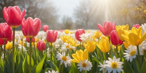 Tulipanes y narcisos coloridos florecen en el jardín primaveral bajo la hermosa luz del sol. Fondo de flores primaverales, papel tapiz floral, diseño de banner para foto de stock.