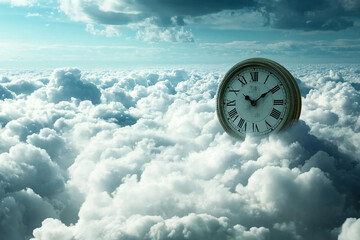 Giant clock floats above clouds creating an atmosphere of surreal chaos during daylight