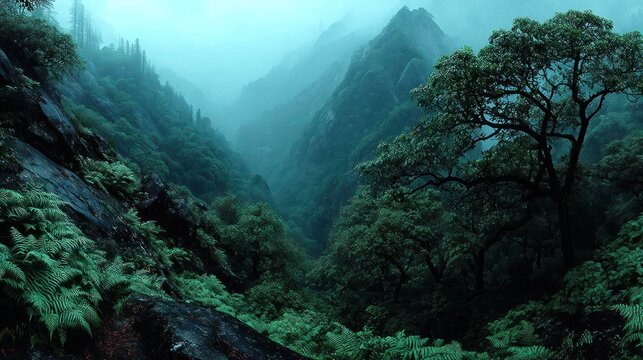 Misty mountain valley landscape