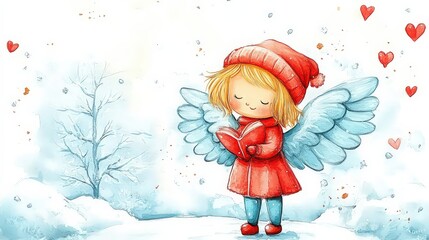 Watercolor illustration of a baby angel reading a book. Valentine's Day card, template