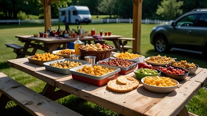 A picnic table filled with food and outdoor games