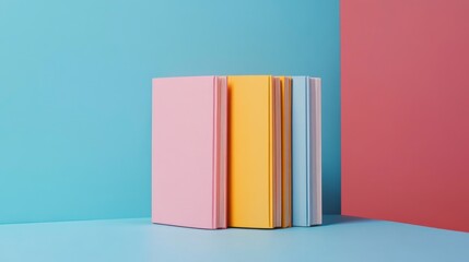 Colorful books stacked against a blue and red background.