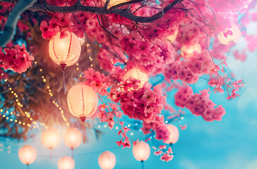 Decorative lanterns hanging from flowering tree during outdoor evening garden event