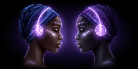 Fototapeta premium Two women with headphones in a digital realm expressing emotional resonance and connection while discovering self-identity through innovative technology and cultural harmony in a vibrant