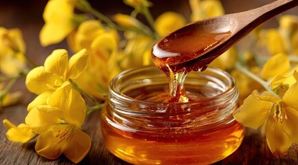 Honey dripping from a wooden spoon into a jar, surrounded by yellow flowers
