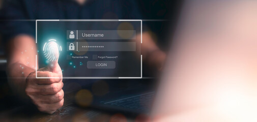 Cyber ​​security and data protection on the internet technology concept, Secure access with fingerprint scan, Encrypted connection, Password protected system and storage.