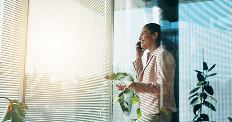 Office, window and businesswoman with phone call for talking, negotiation and finance deal for...