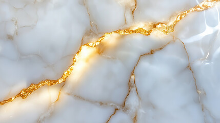 Stunning white marble surface with elegant golden veins running through it, creating luxurious and sophisticated appearance