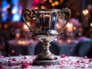 Silver trophy cup with confetti on a background