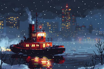 Obraz premium Pixel Art Tugboat in a Frozen City at Night Varient 4