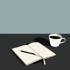 elegant illustration of cup of coffee and book