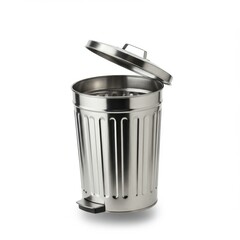 Metal trash can isolated on white background for waste management and cleanliness.