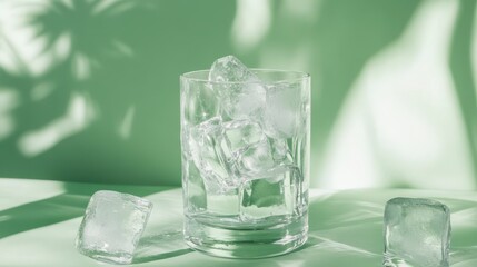 Glass of water with ice cubes on green background with palm leaf shadows.