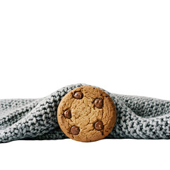 Fototapeta premium Chocolate chip cookie tucked under a cozy gray blanket on a bed.