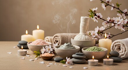Serene Spa Arrangement Featuring Clay and Bath Salts Alongside Lit Candles And Blossoming Tree Branch On Beige Background Showcasing Wellness Elements