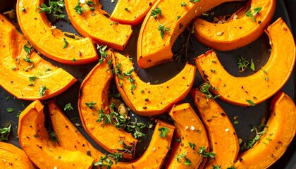 Roasted pumpkin slices with herbs placed on a heatproof plate