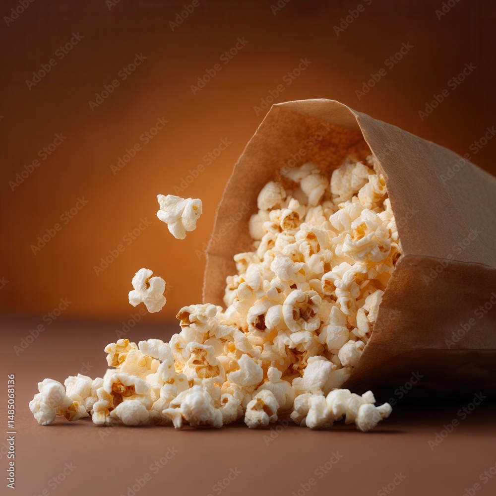 Poster popcorn spills out of a brown paper bag, some pieces hover above the surface. the background is soli