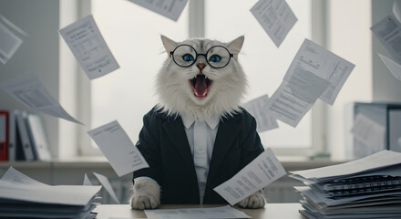 Cat in Suit Overwhelmed by Paperwork
