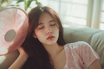 Woman cooling off with a fan while sitting on a couch in a sunlit room on a warm summer day