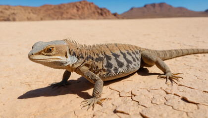 Close-Up of Sanda Lizard Crawling on Desert Sand with Eroded Cliffs and Heatwaves