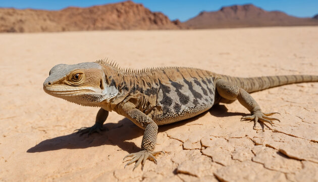 Close-Up of Sanda Lizard Crawling on Desert Sand with Eroded Cliffs and Heatwaves