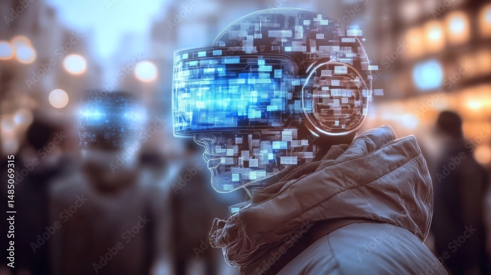Aufkleber In a futuristic city, a figure dons advanced VR goggles, surrounded by a digital landscape of holograms and data streams, reflecting a transformation to posthuman identity.
