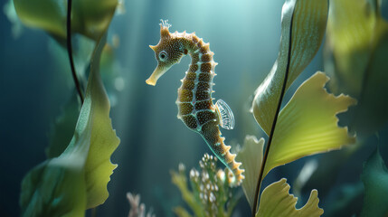stylized seahorse floating between gentle kelp shapes
