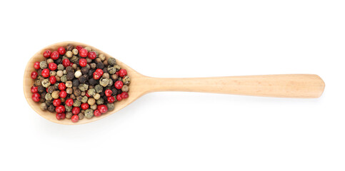 Aromatic peppercorns in wooden spoon isolated on white, top view