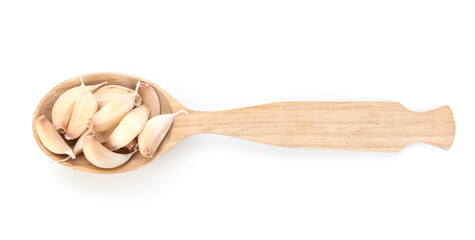 Aromatic garlic in wooden spoon isolated on white, top view