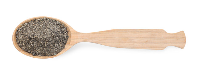 Aromatic ground black pepper in wooden spoon isolated on white, top view